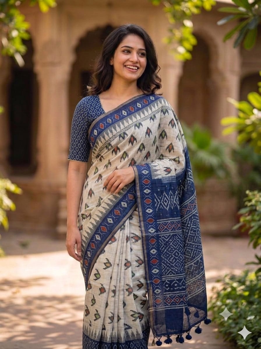 Floral Digital Print Linen with Tassel Blouse Cotton Saree